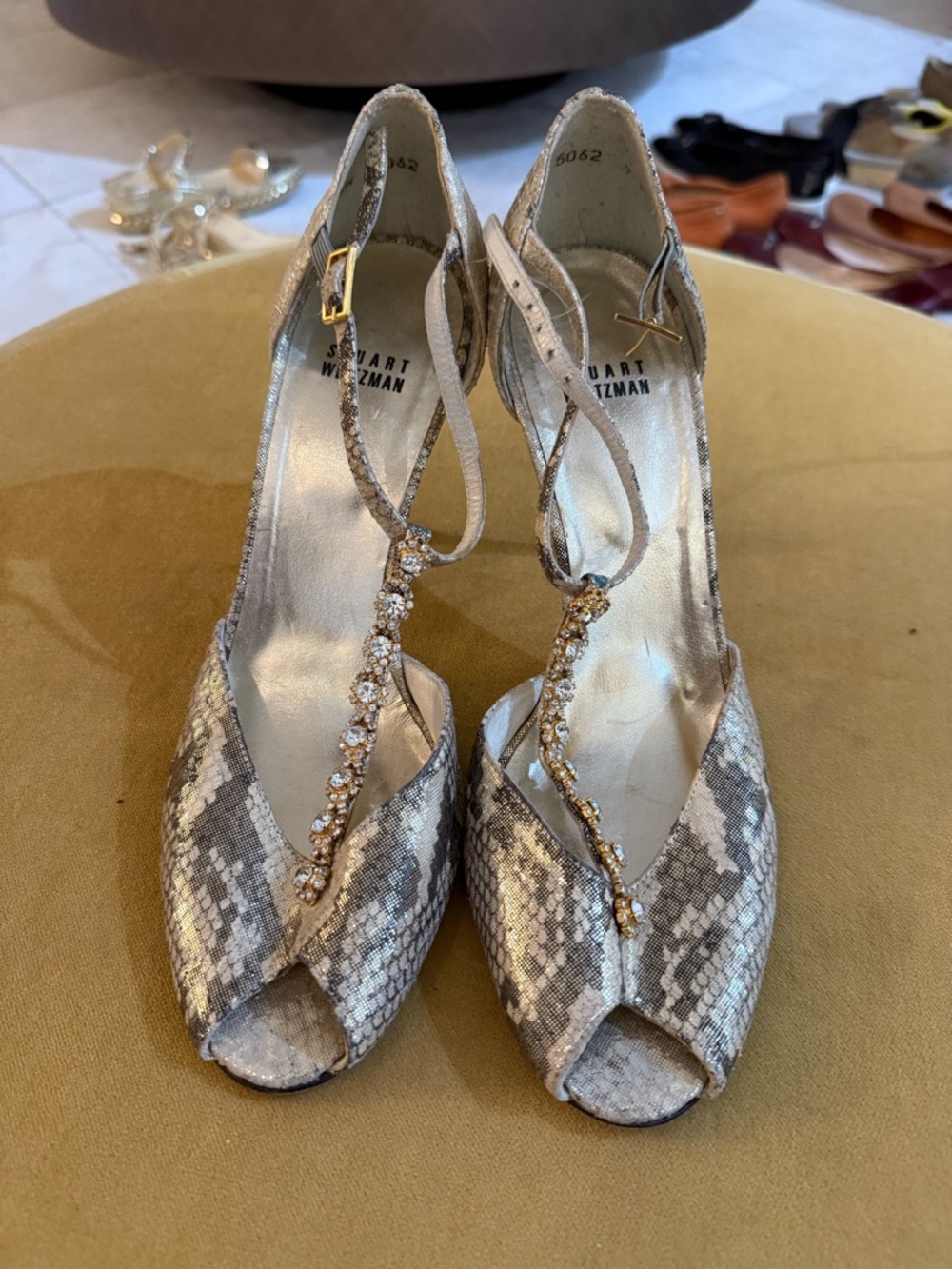 Stuart Weitzman Silver Snake-Print Crystal T-Strap Peep-Toe Heels